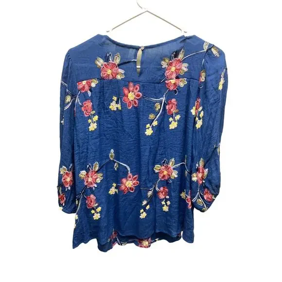 Fig and Flower Blue Floral Anthropologie Top Puff Sleeve Embroidered Size L - Picture 5 of 7